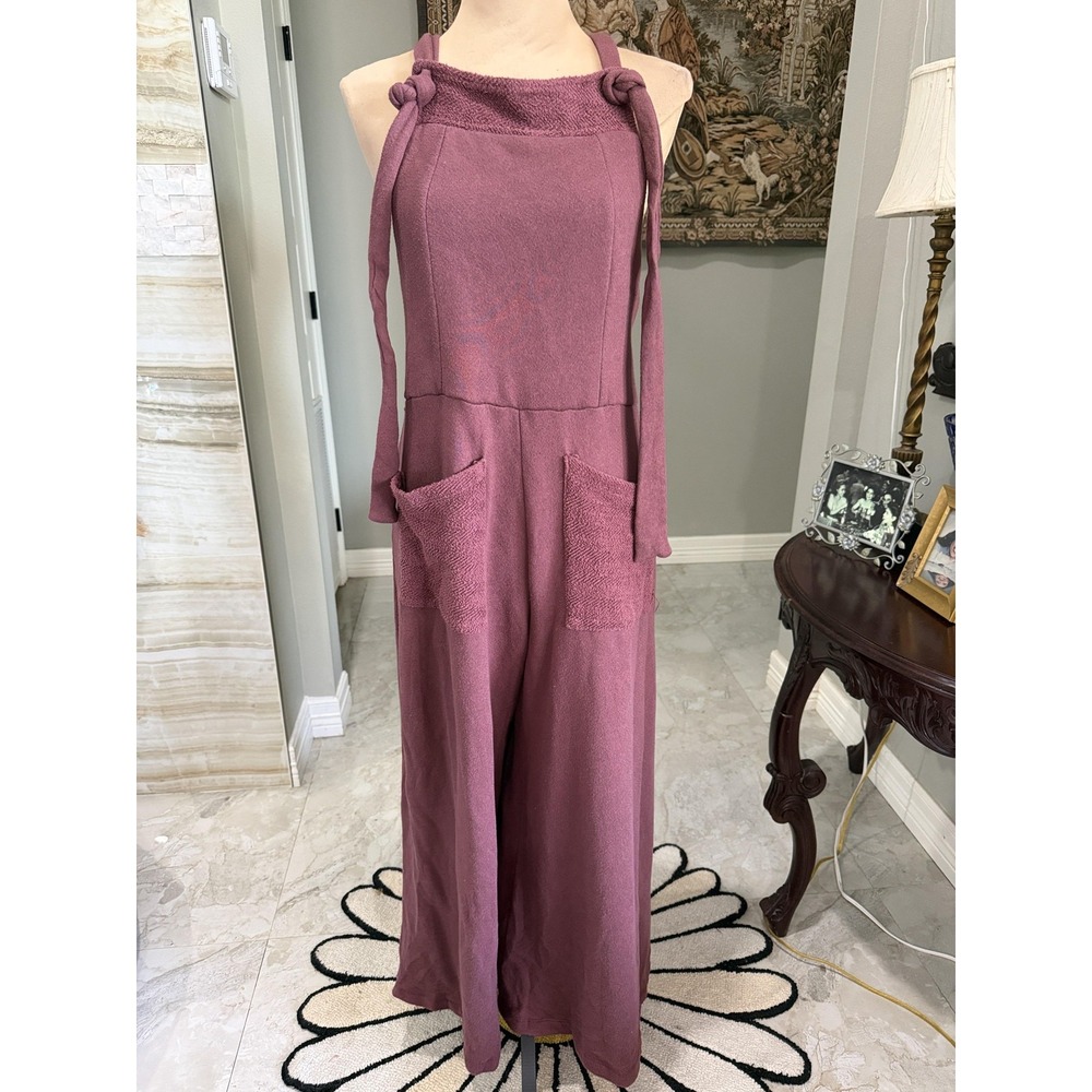 Bucket List Jumpsuit Womens Medium Purple French Terry Halter Wide Leg Pockets